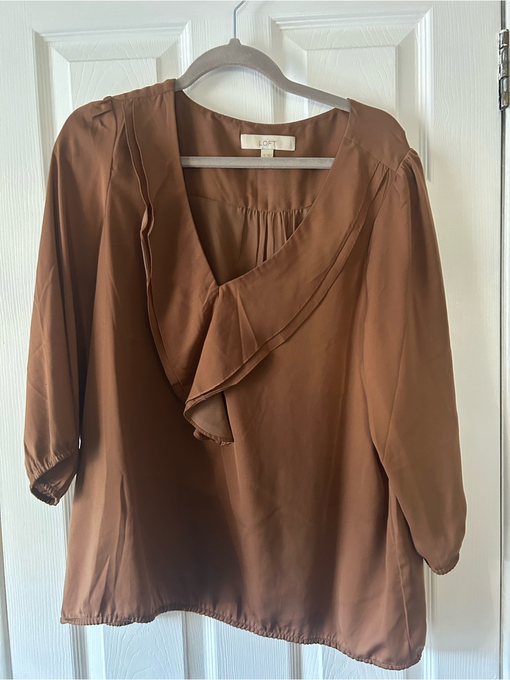 LOFT Brown Ruffle V-Neck Blouse - Women's Top - satin